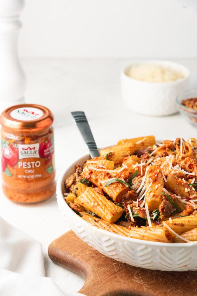 Red Pesto Bacon Rigatoni Pasta Saclà USA